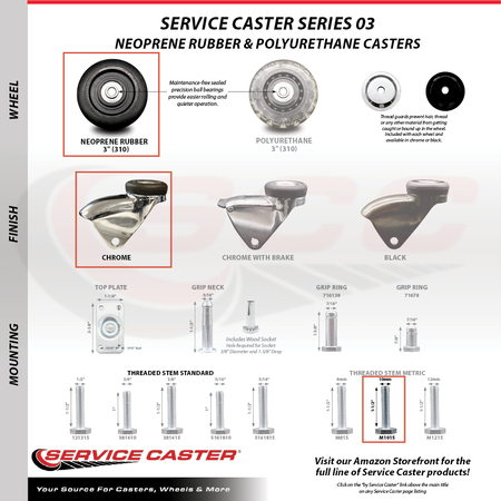Service Caster 3 Inch Bright Chrome Hooded Neoprene Rubber 10mm Threaded Stem Caster SCC SCC-TS03S310-NPRB-BC-M1015